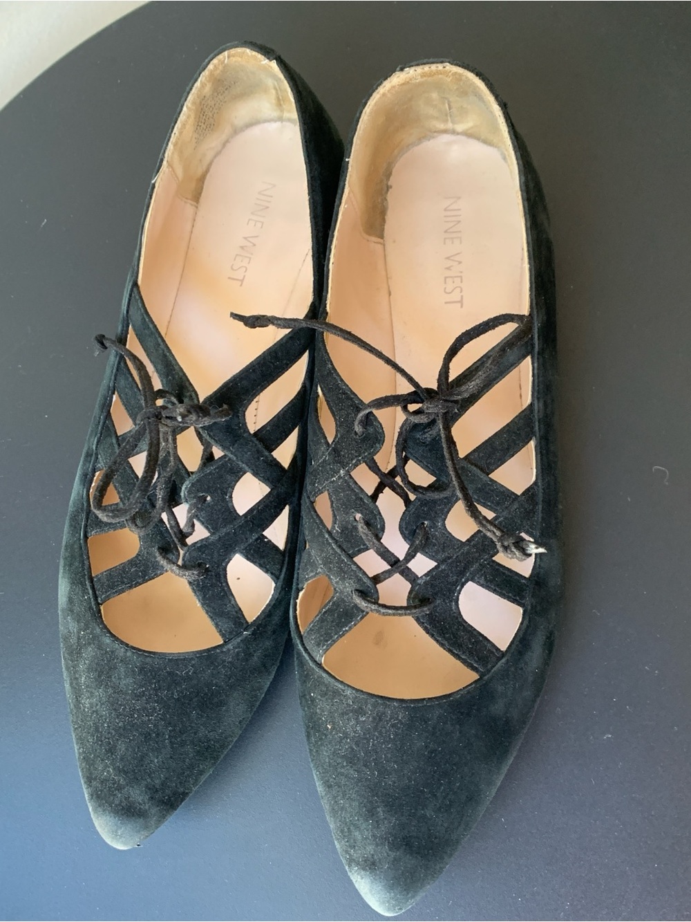 Nine West Black Suede Lace-Up Pointed-Toe Flats with Cutout Lattice